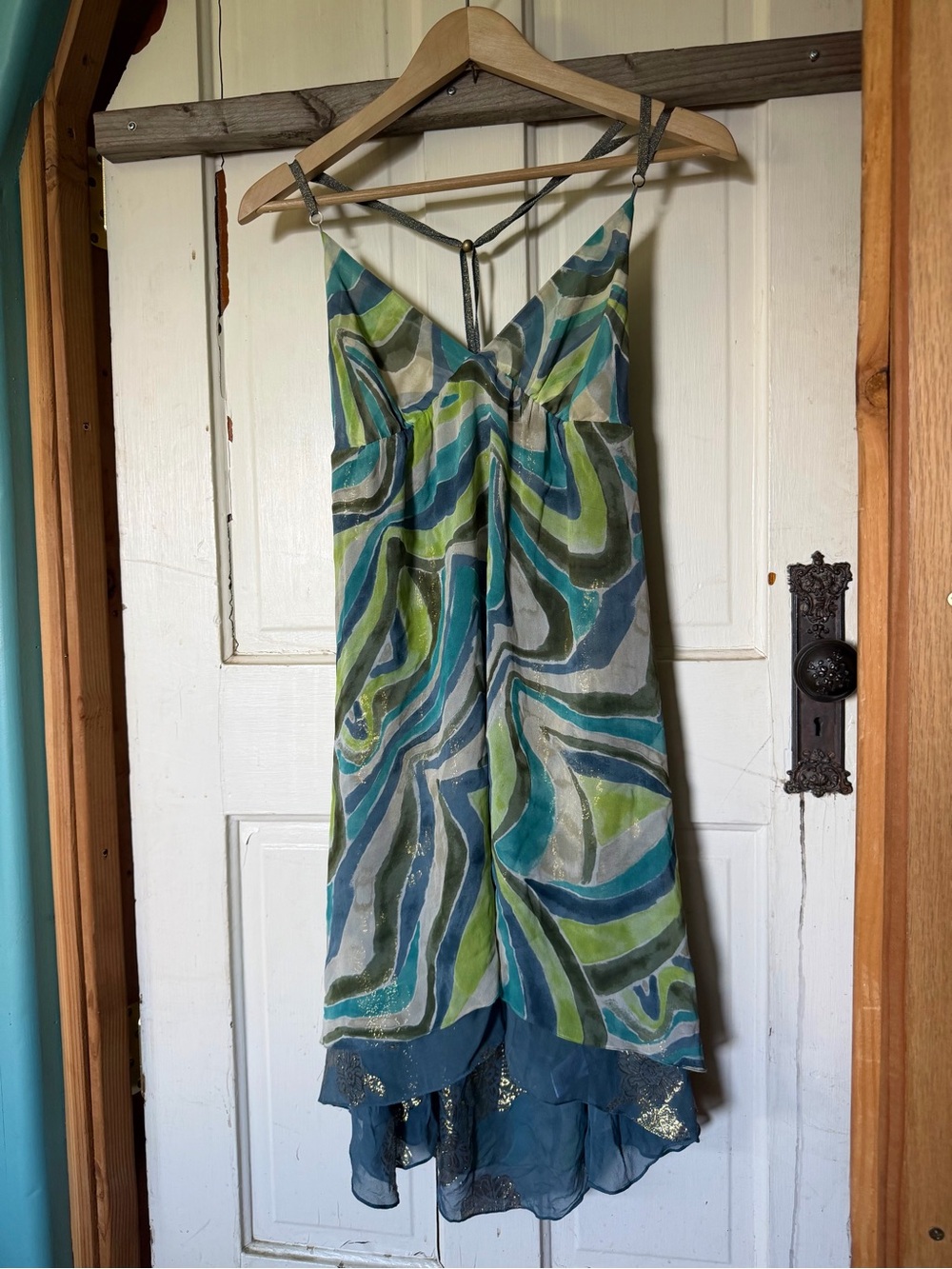 100% Silk Y2K Halter Dress Abstract Watercolor Print Open Back Resort Dress